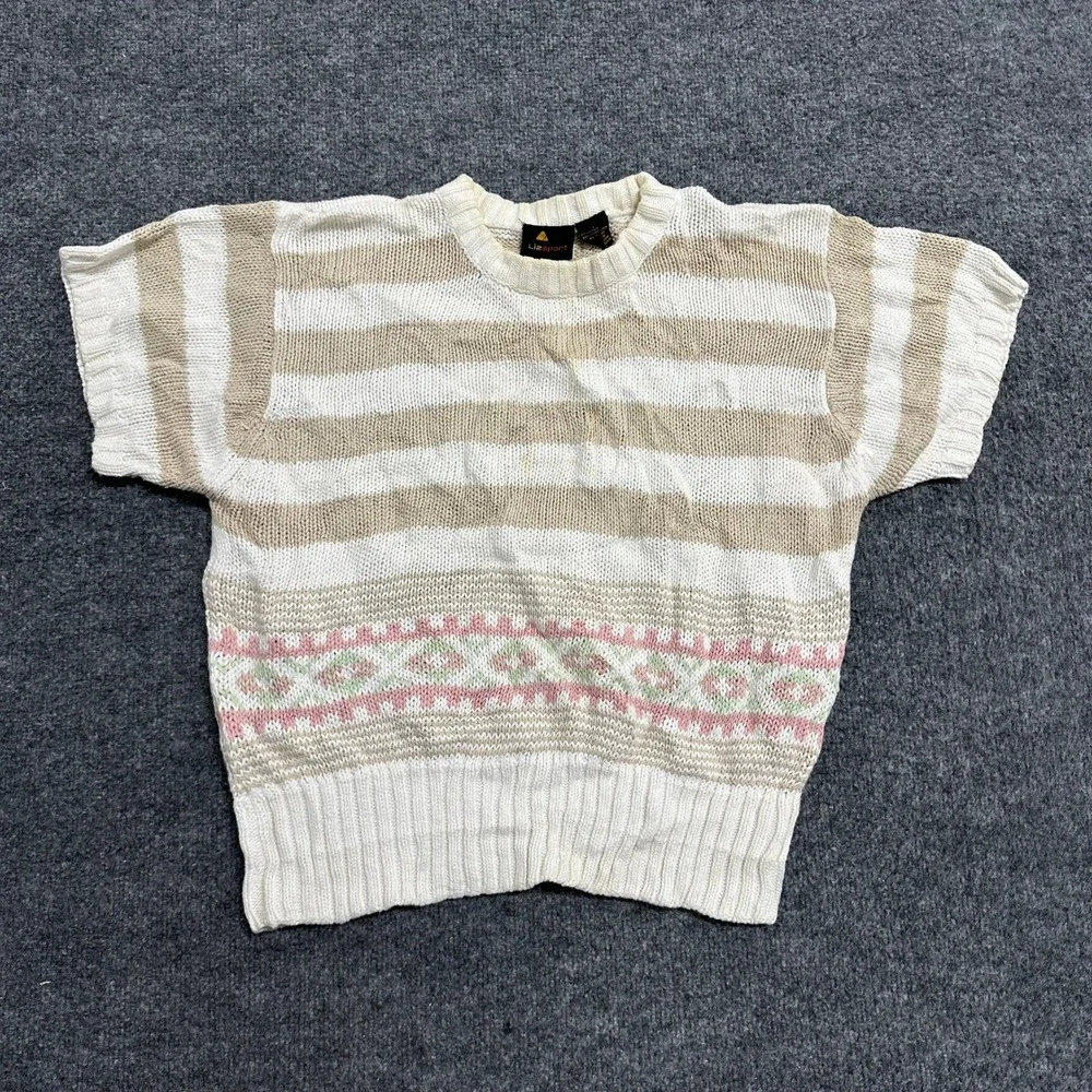 Lizsport Sweater Womens Large Cream Tan Striped Fair Isle Short Sleeve Ramie